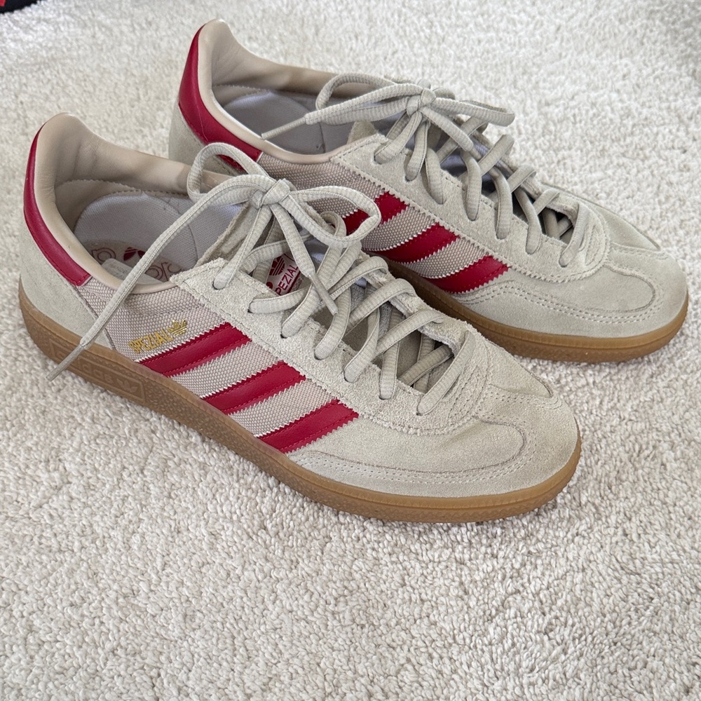 Adidas Handball Spezial putty Grey and Red Suede Sneakers